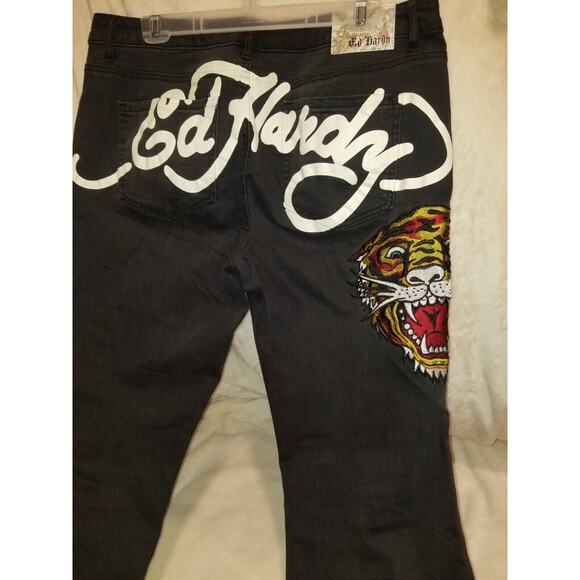 Ed Hardy Jeans Womens 32 Black Tiger Head‎ Embroidered Mid Slim Flare Y2K - Picture 3 of 16